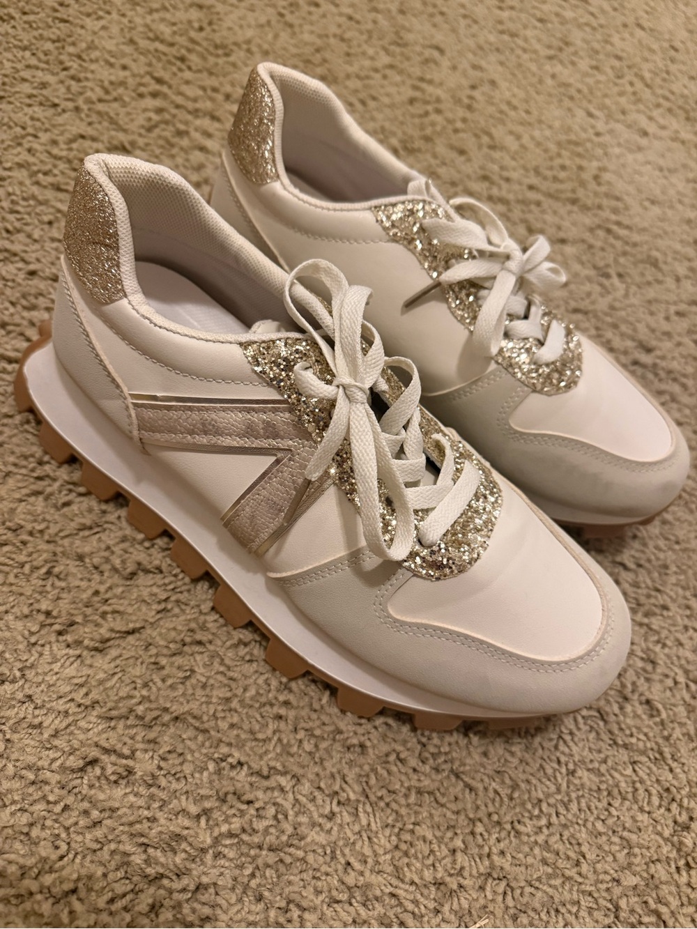 Women’s White Sneakers with Gold Glitter Accent